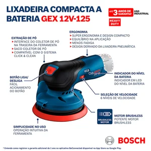 Lixadeira Roto-Orbital à Bateria 12v GEX12V-125, Sem Bateria Bosch