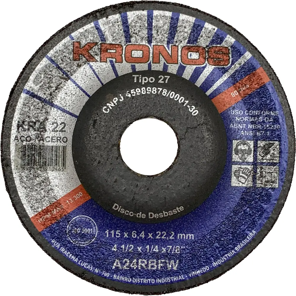 Disco de Desbaste em Aço 4.1/2" (115mm) Kronos KRA 22, Furo de 7/8"