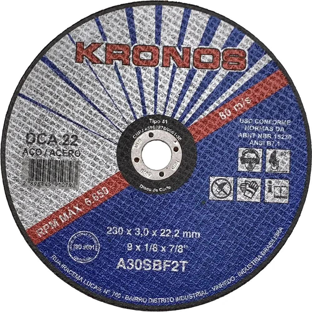 Disco de Corte em Aço 9" (230mm) Kronos DCA 22, Furo de 7/8"