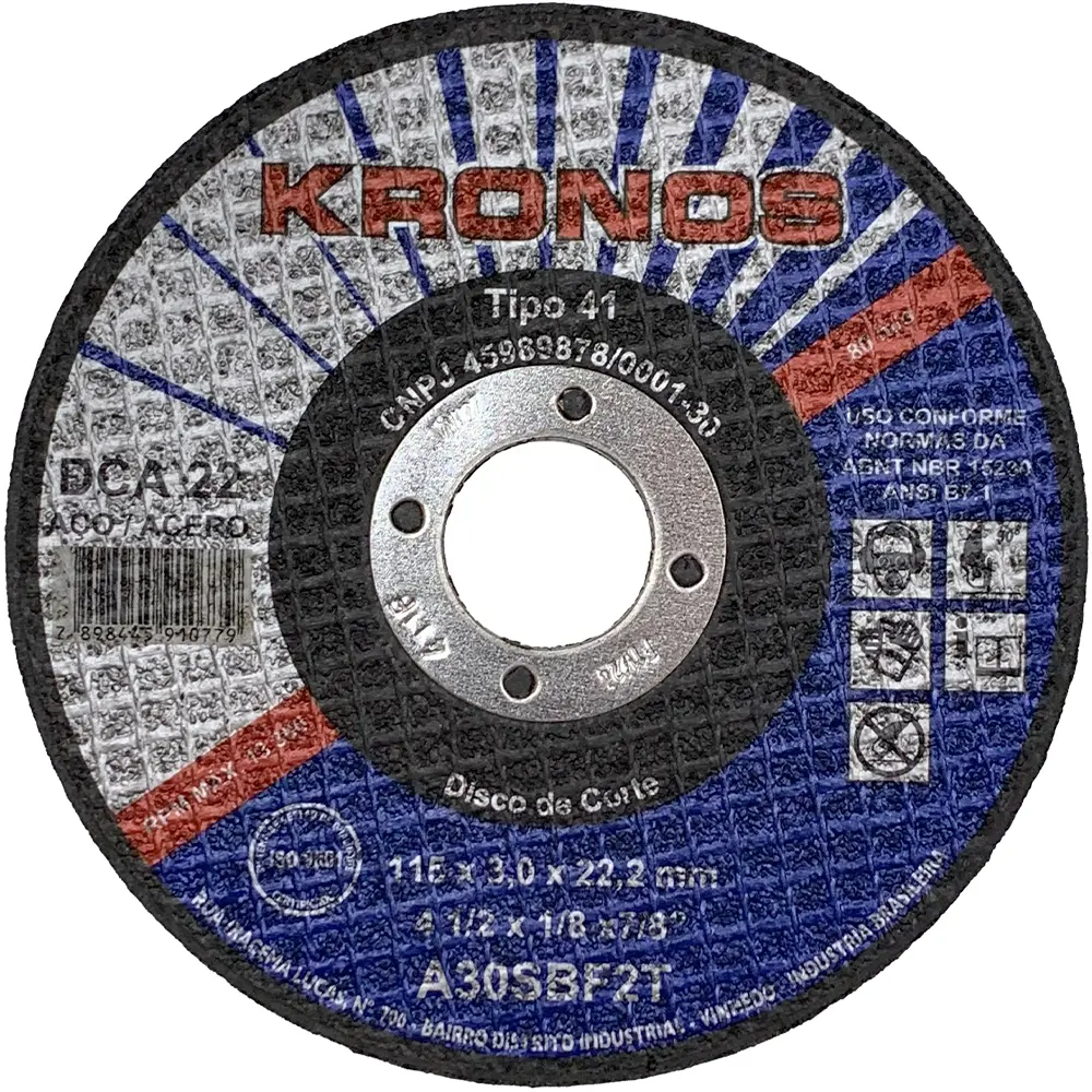 Disco de Corte em Aço 4.1/2" (115mm) Kronos DCA 22, Furo de 7/8"