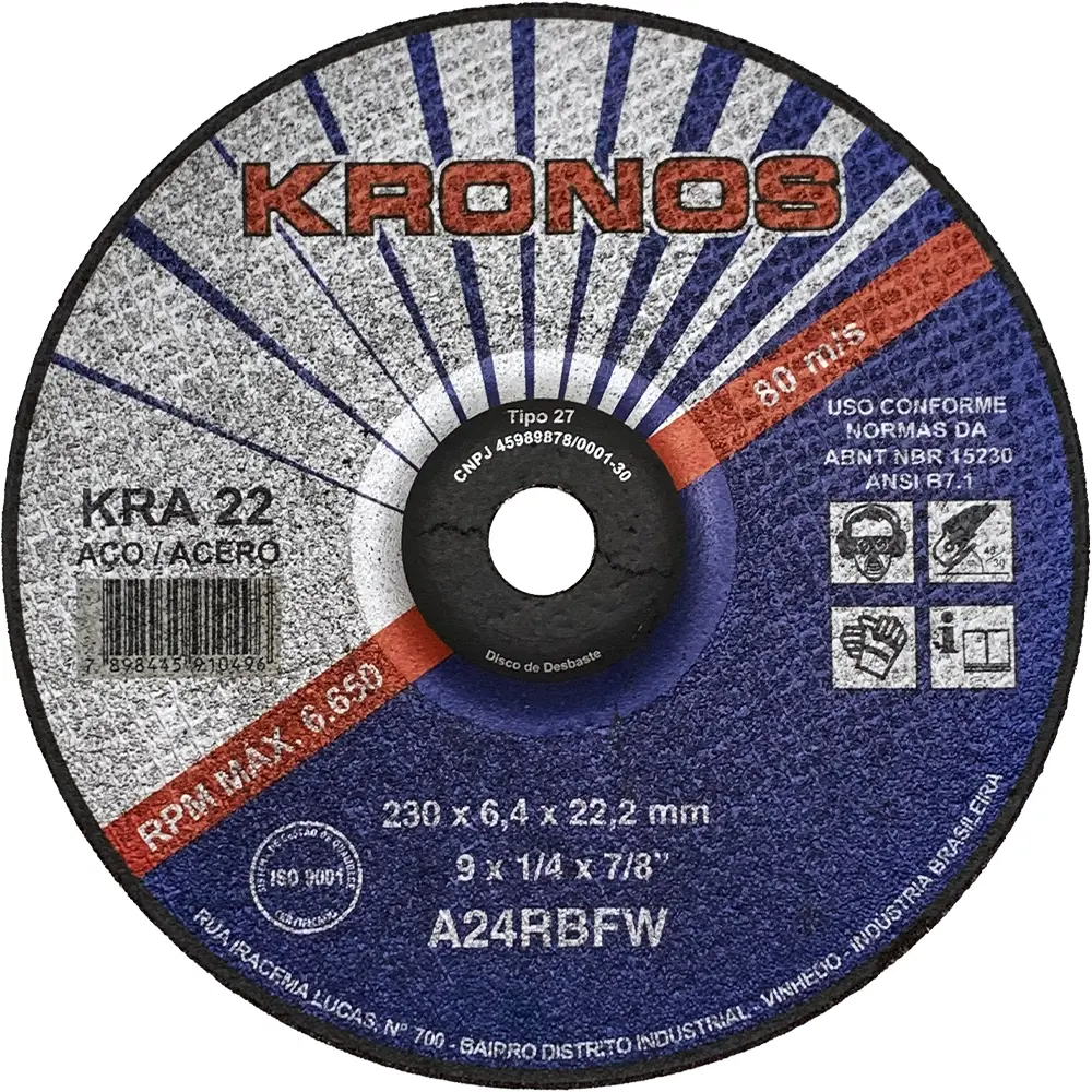 Disco de Desbaste em Aço 9" (230mm) Kronos KRA 22, Furo de 7/8"