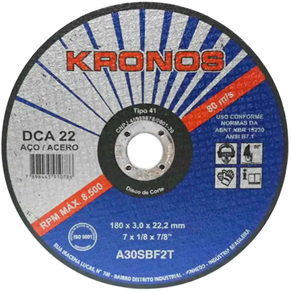 Disco de Corte em Aço 7" (180mm) Kronos DCA 22, Furo de 7/8"