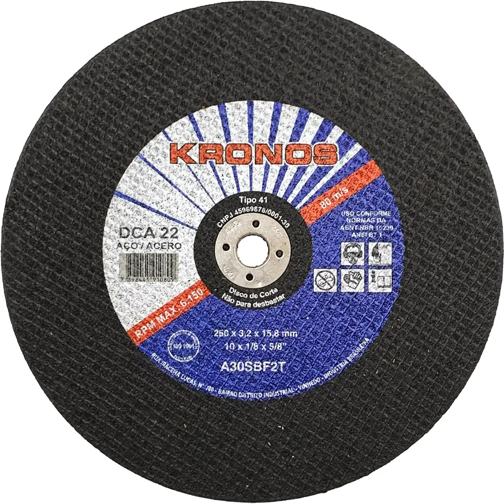 Disco de Corte em Aço 10" (250mm) Kronos DCA 22, Furo de 5/8"