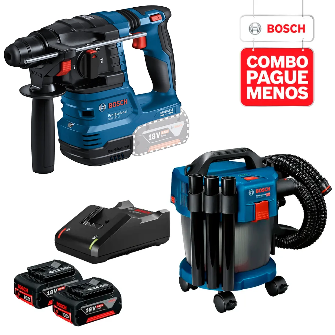 Combo Bosch 18v - Martelete Perfurador GBH 185-LI e Aspirador de Pó GAS 18V-10L + Kit Baterias