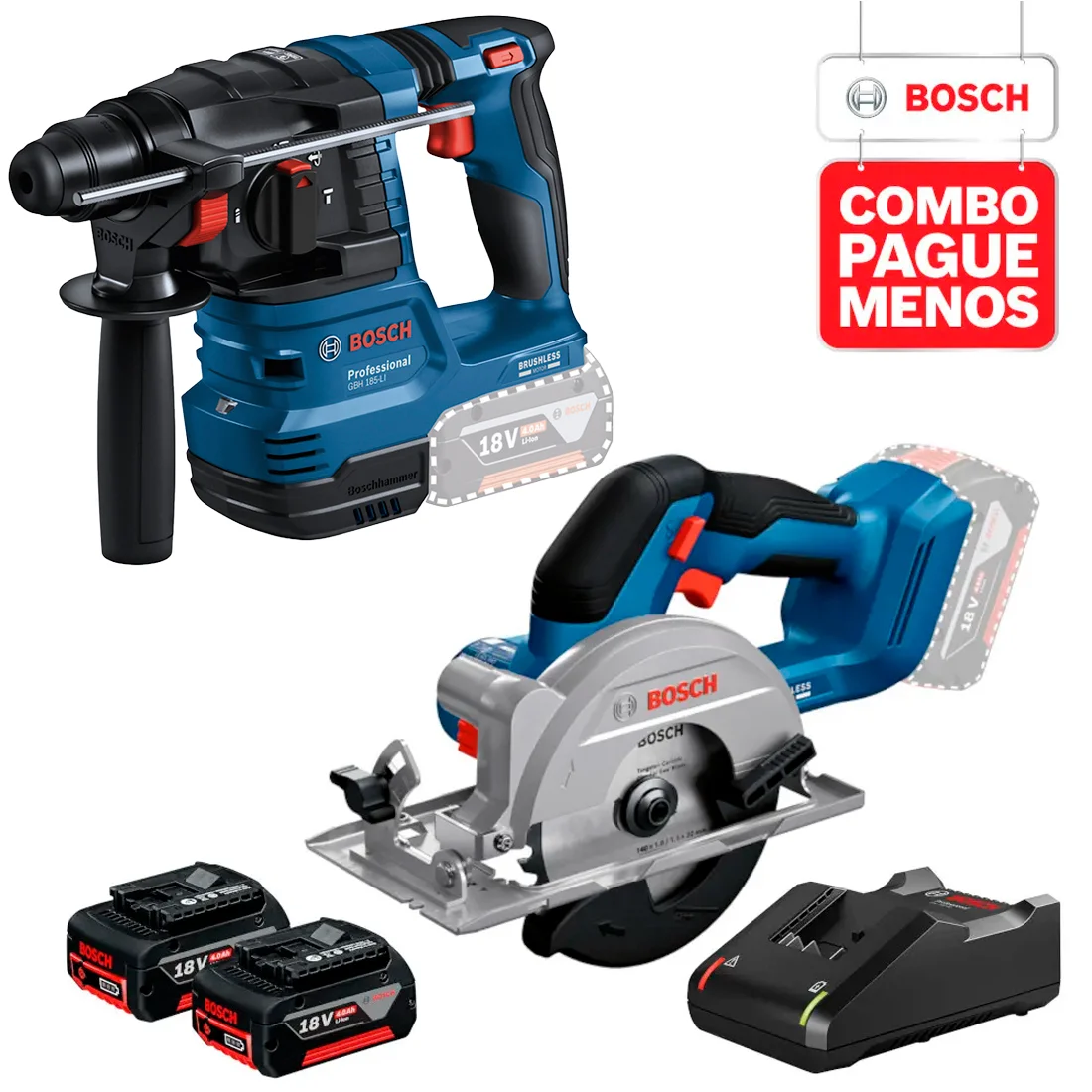 Combo Bosch 18v - Martelete Perfurador GBH 185-LI e Serra Circular GKS 18V-51 + Kit Baterias