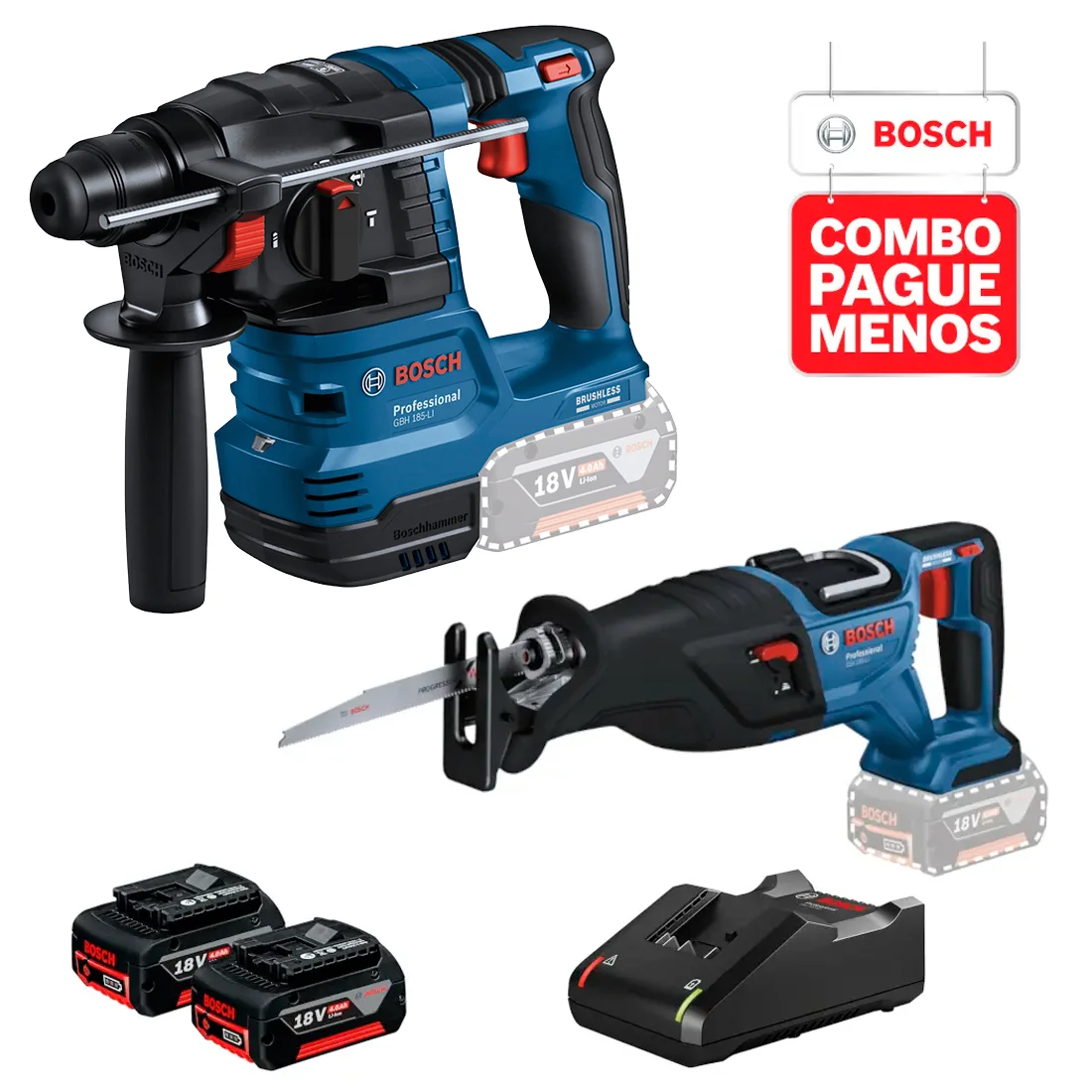 Combo Bosch 18v - Martelete Perfurador GBH 185-LI e Serra Sabre GSA 185-LI + Kit Baterias