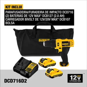 Paraf. e Furadeira de Impacto 3/8" Dewalt 12v C/ 2 Baterias DCD716D2BR