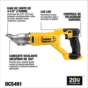 Tesoura Para Chapa 18G Dewalt 20v Corte Reto S/ Bateria DCS491B