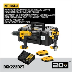 Kit Furad. Paraf. de Impacto 1/2" e Paraf. de Impacto 1/4" Dewalt DCK222D2T
