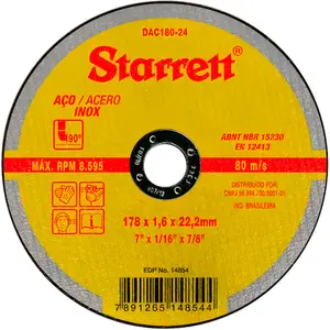 Disco de Corte Para Ferro e Inox 7" (180mm) Starrett DAC 180-24