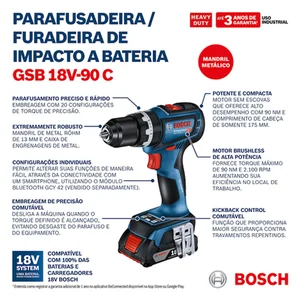 Parafusadeira e Furadeira de Impacto 1/2" Bosch GSB 18V-90C
