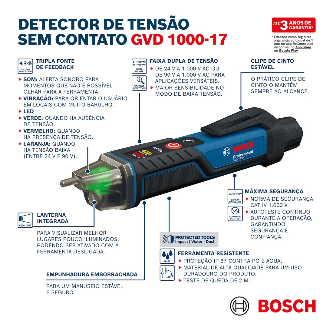 Imagem com informações sobre o produto Detector de Tensão Bosch GVD 1000-17 CAT IV 1000V Professional