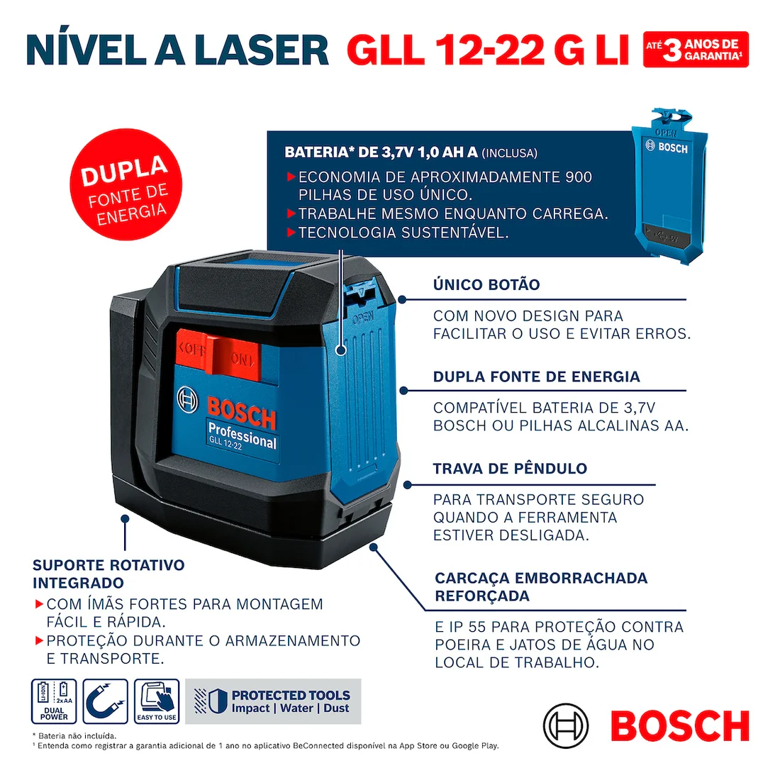 Informações técnicas do Nível a Laser GLL 12-22 G Verde a Bateria 3,7V 1A Bosch