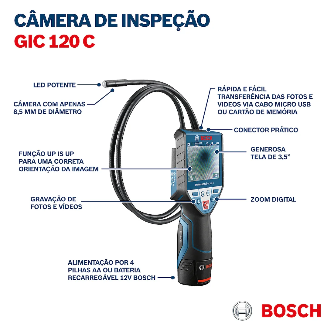Informações do produto Câmera de Inspeção Bosch GIC 120 C Professional - 0601241200