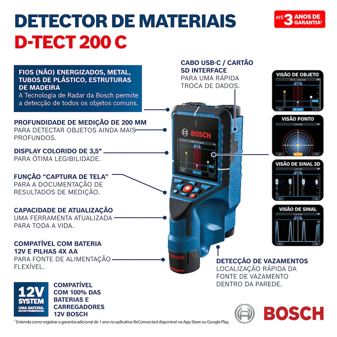 Informações do produto Detector Multimaterial Bosch D-TECT 200 C Professional 200mm