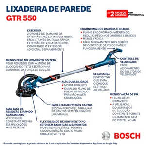 220v, Lixadeira Para Teto e Parede de Gesso Drywall 550w, Bosch GTR550
