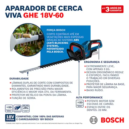 Aparador de Cerca Viva 18V Bosch GHE 18V-60 Sem Bateria e Carregador