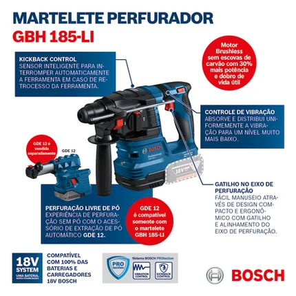 Martelete Perfurador e Rompedor à Bateria 18v Bosch GBH 185-LI
