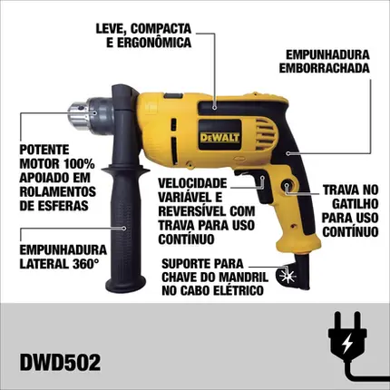 110v, Furadeira de Impacto 1/2" Dewalt Com Kit 5 Brocas DWD502SW