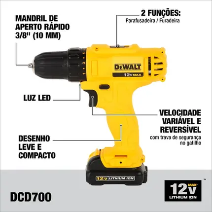 Parafusadeira e Furadeira 3/8" (10mm) Dewalt 12v C/ 1 Bateria DCD700LC1BR