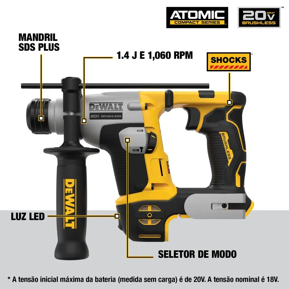 Martelete Perf. e Rompedor Compacto Dewalt 20v 1.4J S/ Bateria DCH172B
