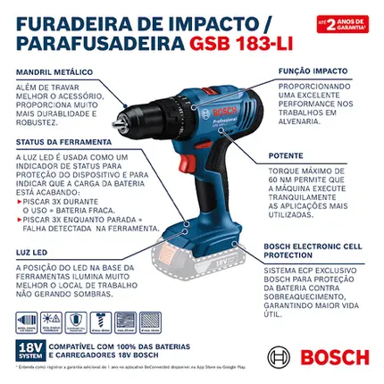 Paraf. e Furadeira de Impacto 3/8" Bosch 18v C/ 1 Bateria, GSB 183-LI