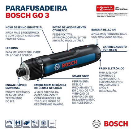 Parafusadeira Elétrica 1/4" 3,6V Bosch GO, Sem kit USB