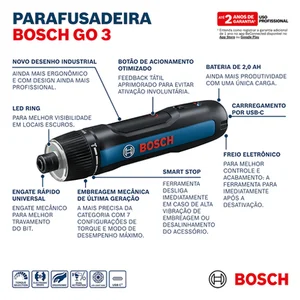 Parafusadeira Elétrica 1/4" 3,6V Bosch GO, Sem kit USB