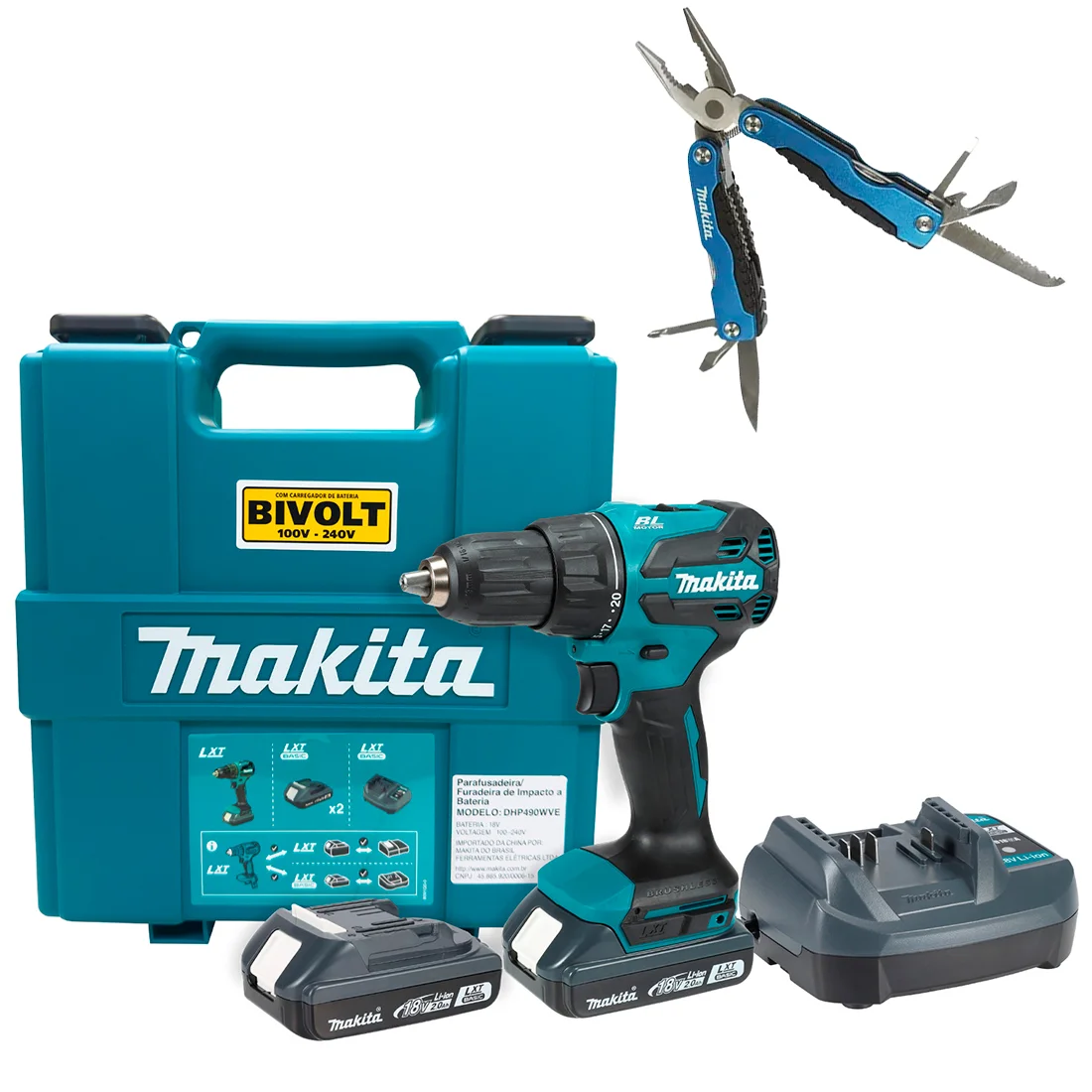 Parafusadeira/Furadeira de Impacto Makita 18V DHP490WVE 2 Baterias