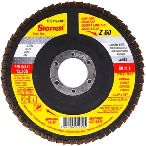 Disco de Flap 115mm Starrett Grão 60 em Fibra de Vidro Cônico