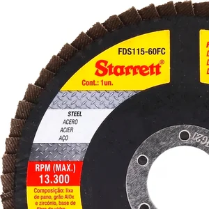 Disco de Flap 115mm Starrett Grão 60 em Fibra de Vidro Cônico