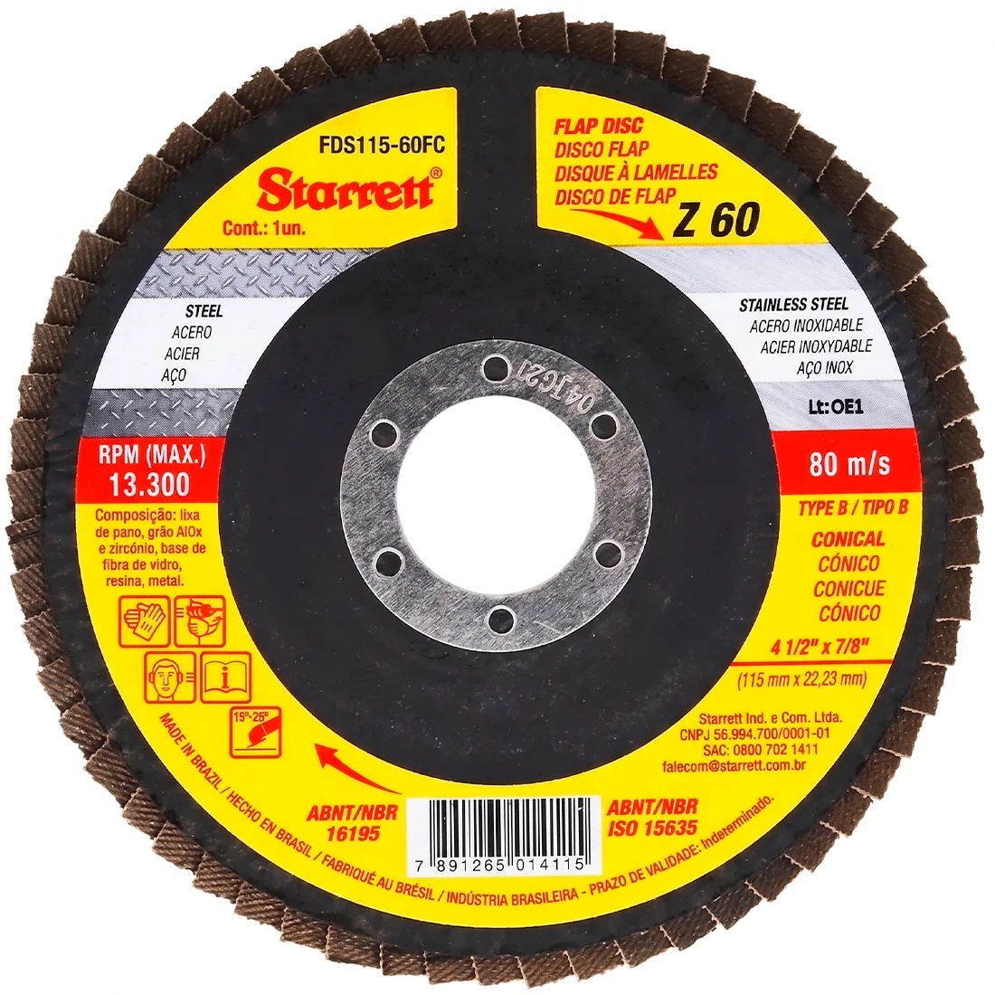 Disco de Flap 115mm Starrett Grão 60 em Fibra de Vidro Cônico