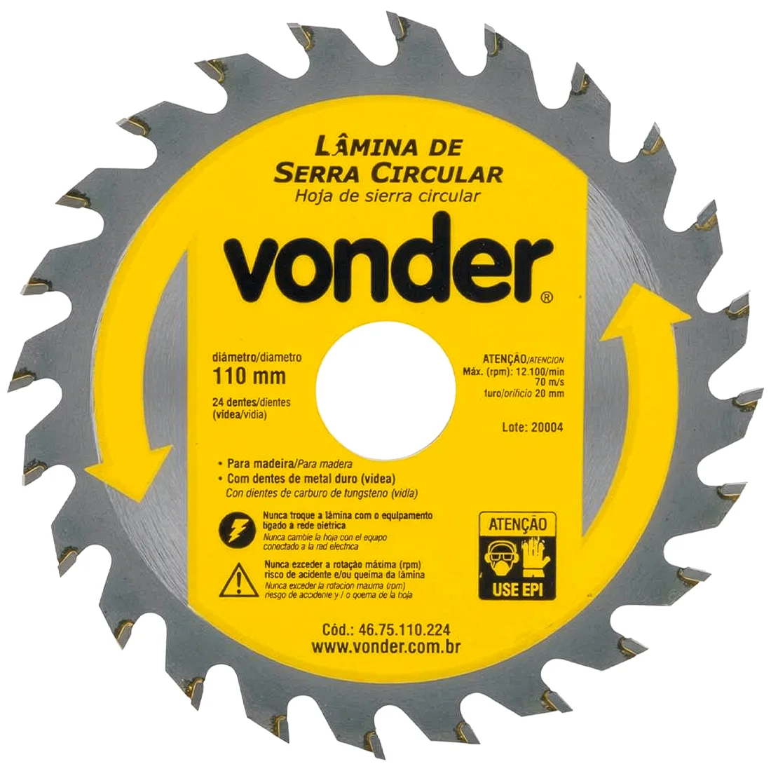 Lâmina de Serra Circular Vonder 110 mm x 20 mm Com 24 Dentes de Metal Duro